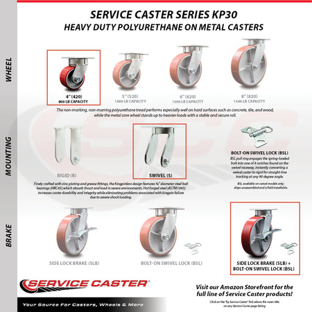 Service Caster 4 Inch Kingpinless Red Poly on Steel Wheel Caster Set Brake and Swivel Lock SCC-KP30S420-PUR-RS-SLB-BSL-4